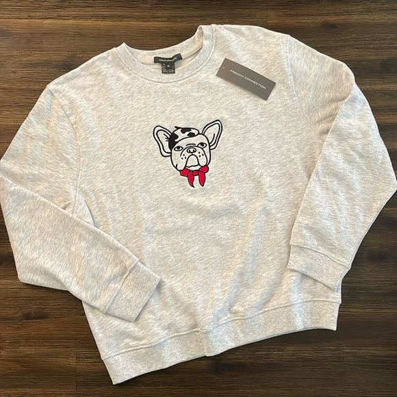 French Connection Tops - French Connection Heather Grey Embroidered French Bulldog Sweatshirt Medium NWT